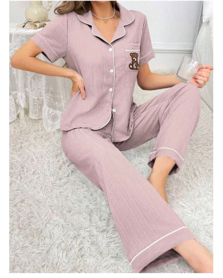 Coupled Up Ladies' Pocket Teddy Bear Embroidery Contrast Trim Short Sleeve Top And Pants Pajama Set