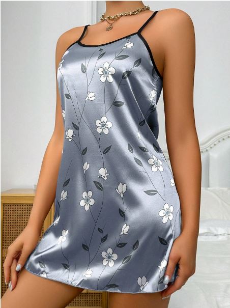 Floral Print Contrast Binding Satin Cami Nightdress