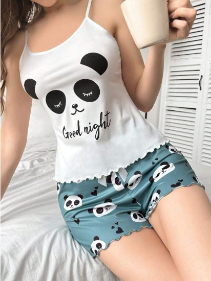 Ladies' Panda & Letter Print Cami Top And Shorts Pajama Set