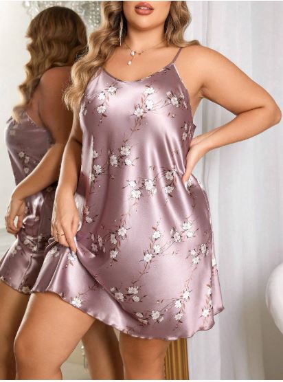 LuxeNights Plus Size Women's Faux Silk Printed Camisole Nightgown