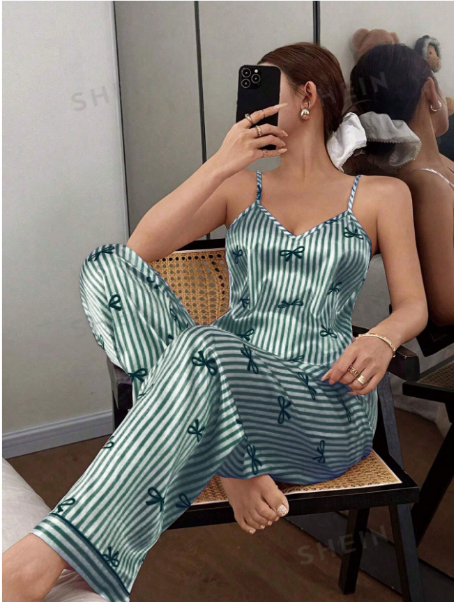 Napfluff Bow Tie & Striped Print Faux Silk Camisole & Pants Women Pajama Set