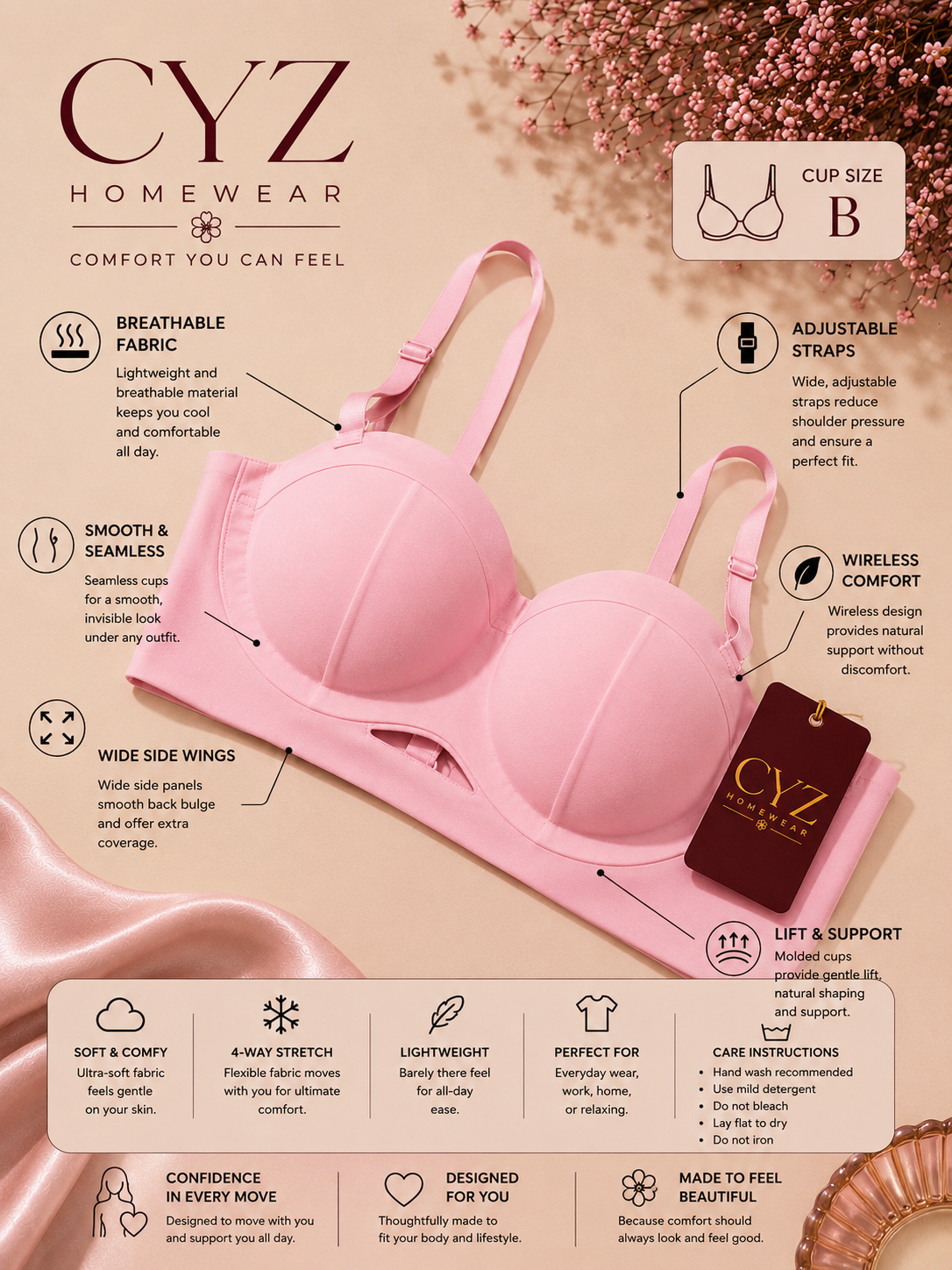 CYZ Wireless Bra Seamless Comfort Natural Lift • Cup B