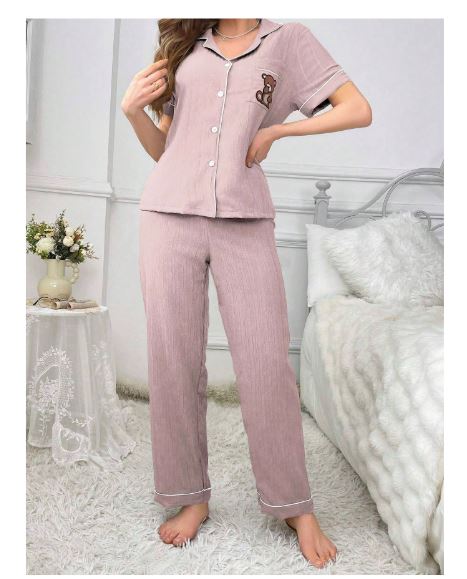 Coupled Up Ladies' Pocket Teddy Bear Embroidery Contrast Trim Short Sleeve Top And Pants Pajama Set