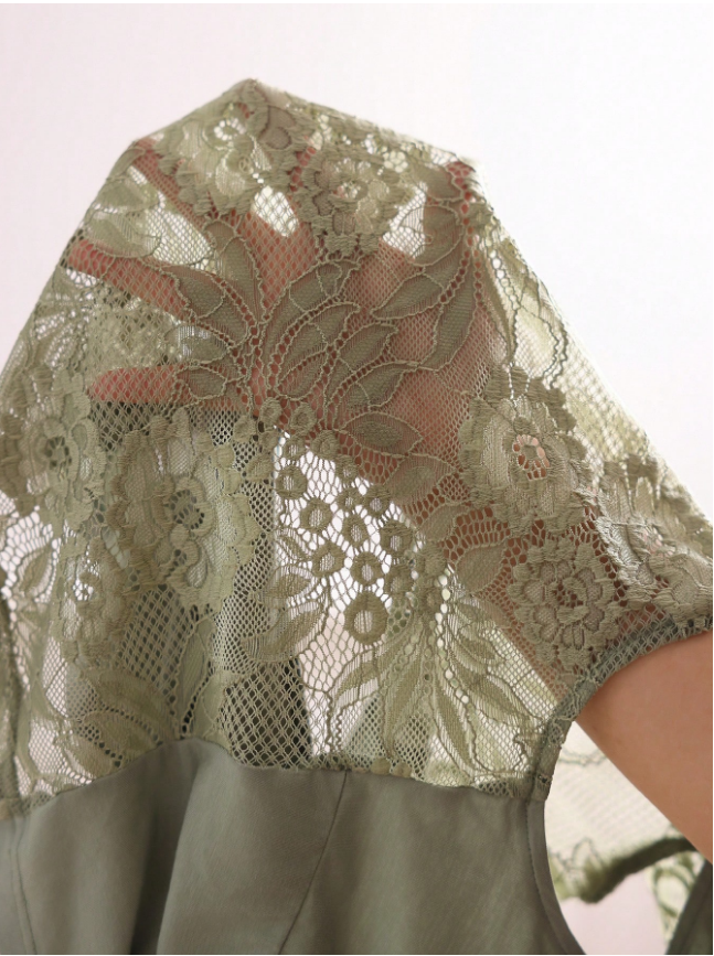 Slumberist Women's Green Lace Patchwork Sexy 2 Pieces Pajama Set Long Lingerie Sexy 2piece Nightgown Sage Green Pajama Set Sexy Lounge Sets For Women