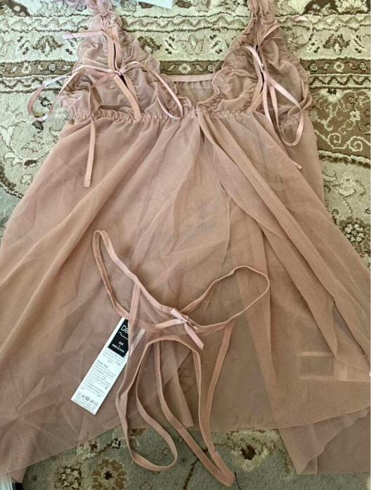 DAZY 2pcs See-Through Mesh G-String Sleepwear Set With Bowknot Decoration And Lace Trimmed Open Front Sleep Dress For Going Out