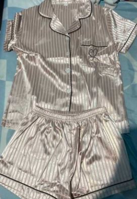 Striped Jacquard Contrast Piping Satin PJ Set / Pajama Set