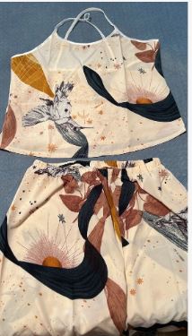 Serene scape Bird & Leaf Print Crisscross Back PJ Set / Pajama Set Natural Women Pajama Setspajamas Set For Womanwomen Sleepwearwomen Pj Sets