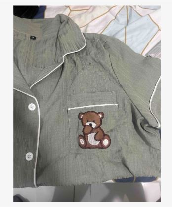 Coupled Up Ladies' Pocket Teddy Bear Embroidery Contrast Trim Short Sleeve Top And Pants Pajama Set