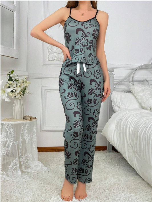 Full Print Cami Top And Long Pants Pajama Set