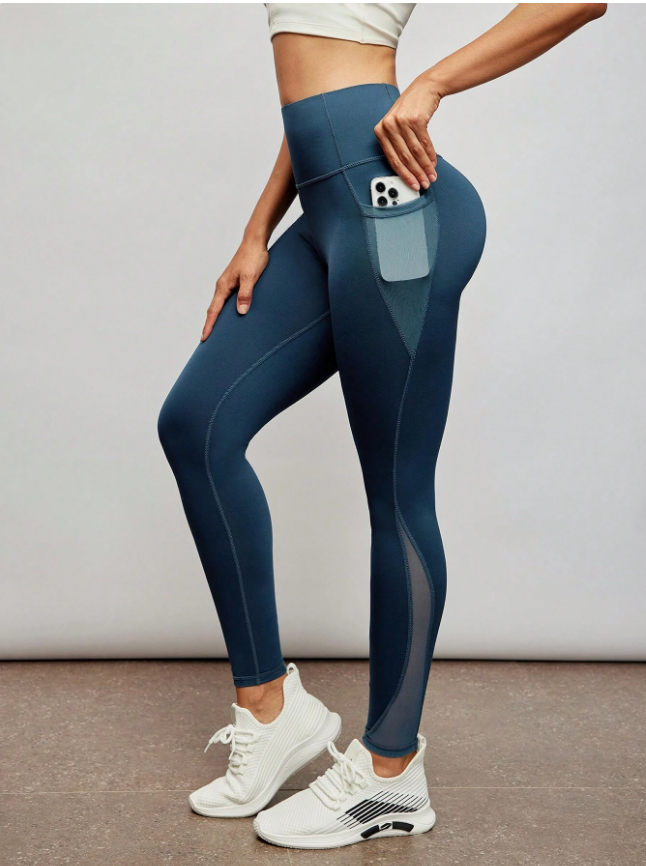 Activina Running Tights Contrast Mesh Wide Waistband Sports Leggings With Side Pocket Yoga Women Pants