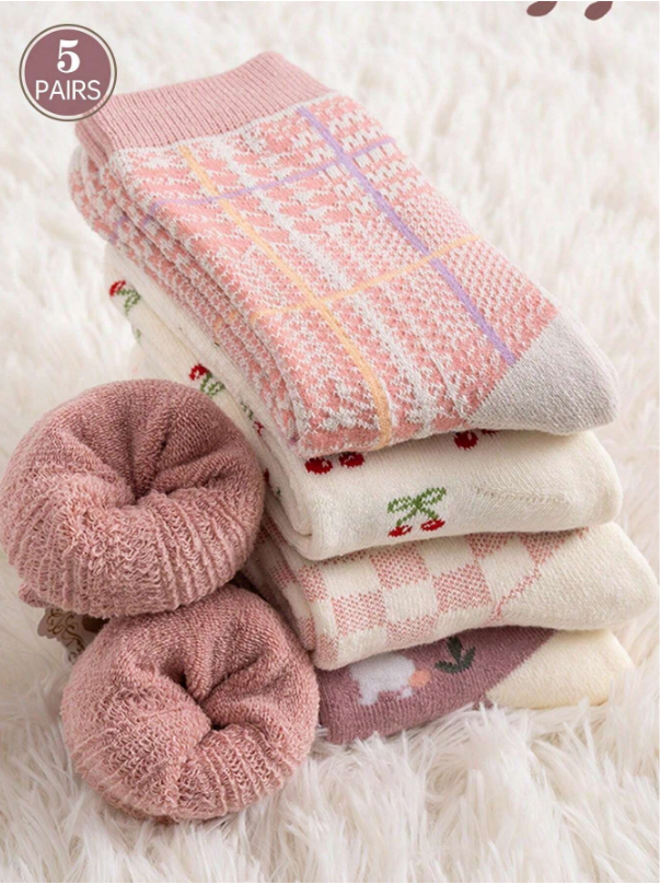 5pairs/set Women's Thickened Fleece Socks, Pink, For Winter, Spring, Autumn Warmth