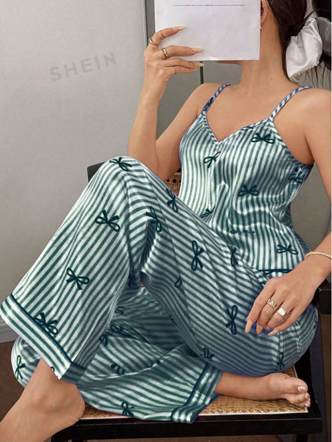 Napfluff Bow Tie & Striped Print Faux Silk Camisole & Pants Women Pajama Set