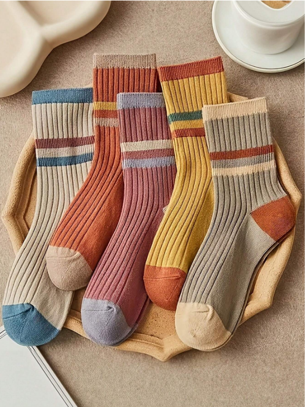 5 Pairs Solid Color Patchwork Minimalist Knee-High Socks, Casual Daily Wear