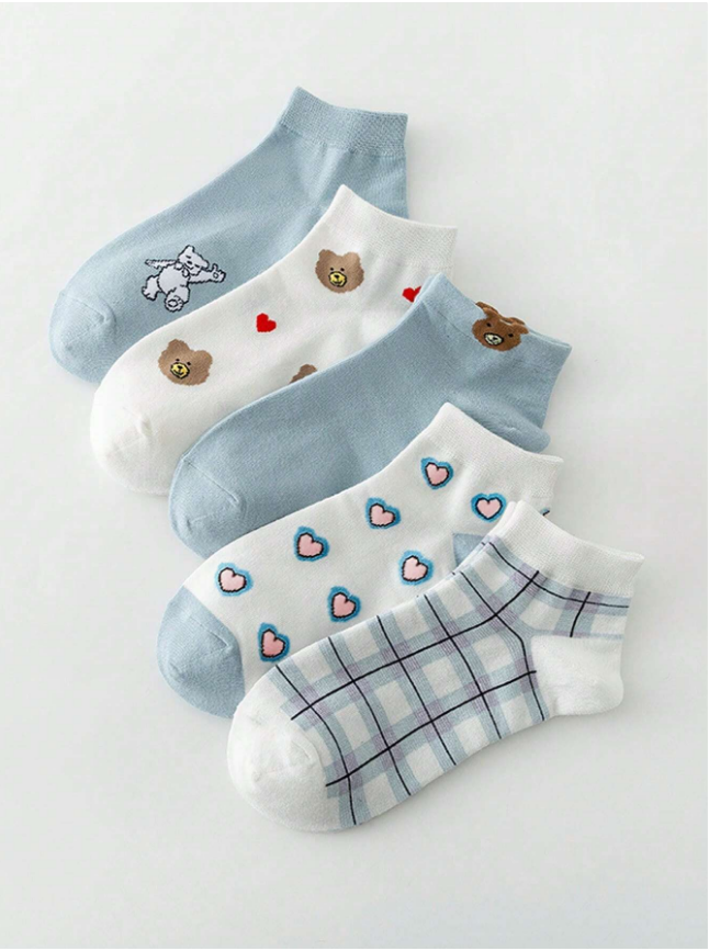 1/5pairs Cute Cartoon Bear And Heart Design Comfortable Short Socks