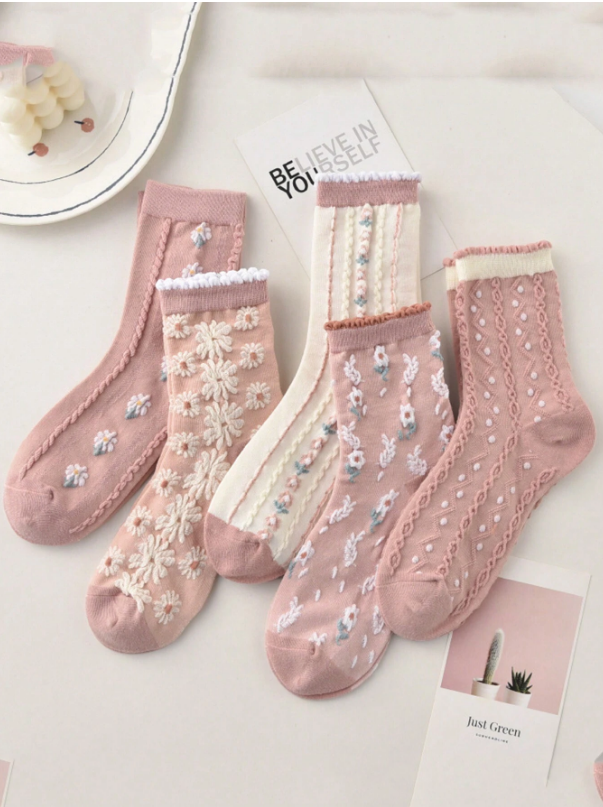 5pairs Random Delivery Pink Cute Floral Middle Tube Socks For Casual Wear, Breathable & Sweat Absorbent