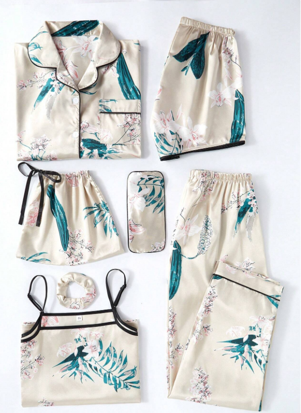 LuxeNights 7pcs Floral Print Satin Pajama Set, Fall Winter Clothes Cozy And Elegant Details
