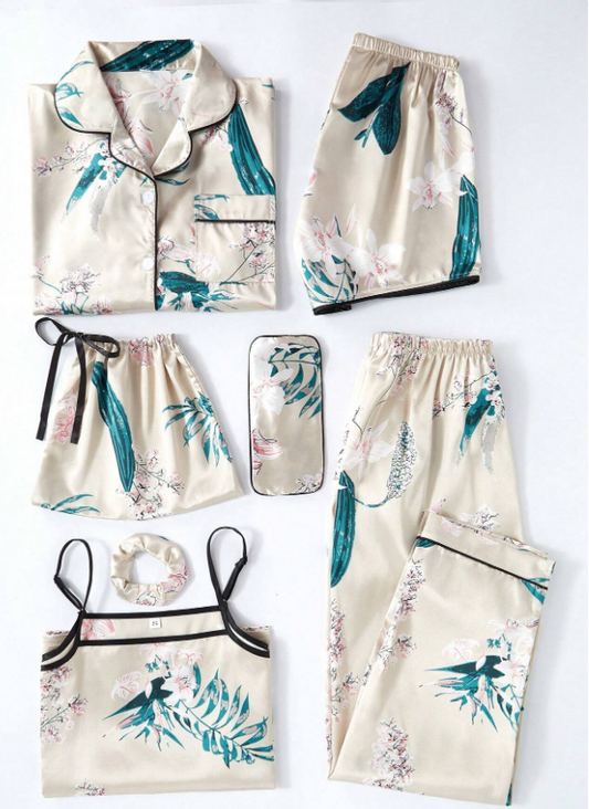 LuxeNights 7pcs Floral Print Satin Pajama Set, Fall Winter Clothes Cozy And Elegant Details