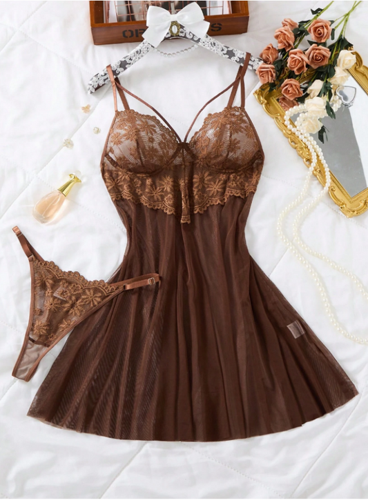 EverydayBra Two Pieces Set Of Women's Wine Red Soft And Comfortable Lace Floral Love Pajamas,Christmas And Halloween Gifts, Lace Sexy Nightgown With Mesh Semi Transparent Underwear Set, Cami Dress For Daily Home Use, Nightgown