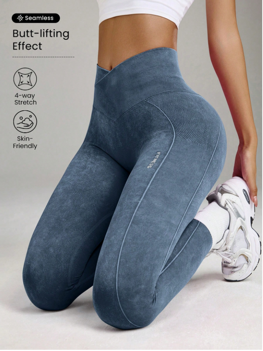 Core Rhythm Seamless High Elasticity Yoga Exercise Sports Criss-Cross Waist Sandwashed Sports Leggings