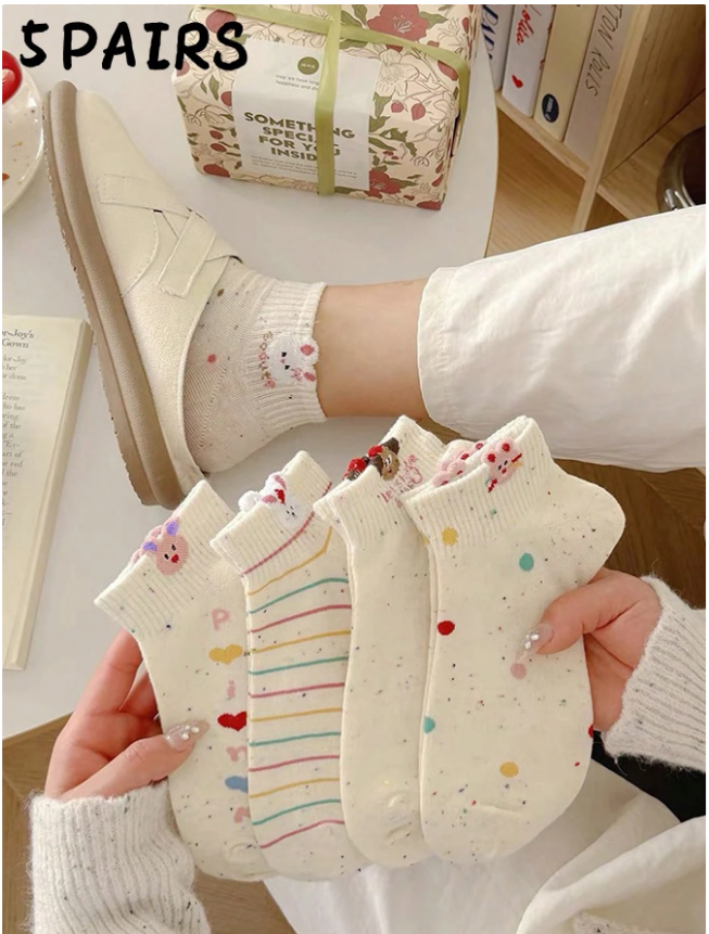 5 Pairs Of Women's Socks, Cute Cartoon Socks, Spring And Autumn Low Vamp Boat Socks Suitable For Daily Wear