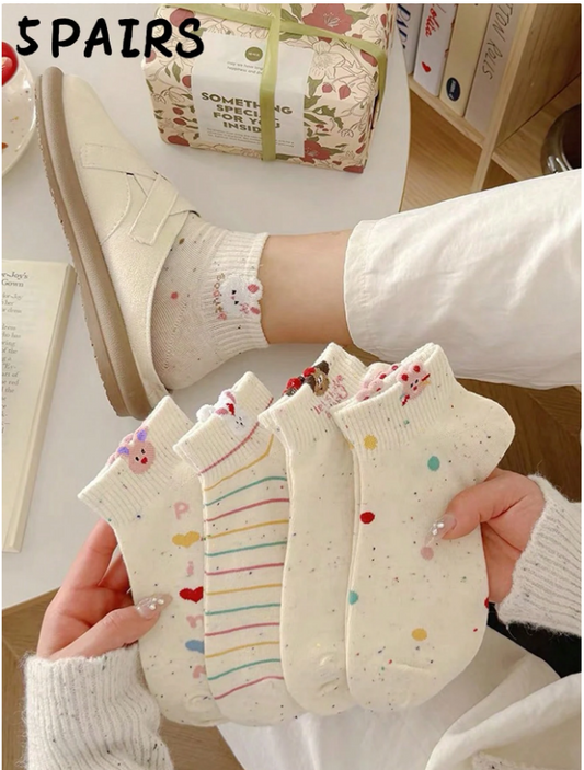 5 Pairs Of Women's Socks, Cute Cartoon Socks, Spring And Autumn Low Vamp Boat Socks Suitable For Daily Wear