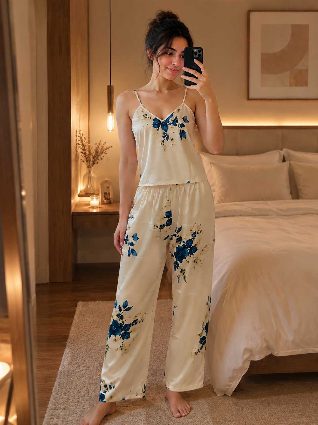 Luxury Satin Floral Sleepwear Set – Ivory & Blue