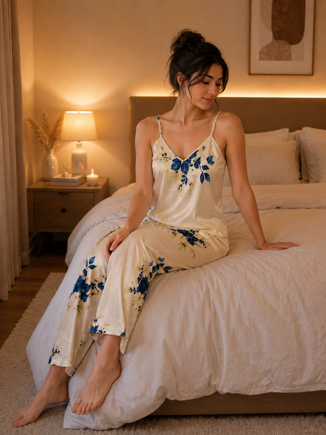 Luxury Satin Floral Sleepwear Set – Ivory & Blue