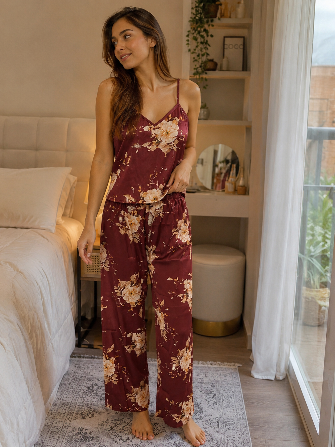 Vintage Floral Satin Lounge Set – Cami Top & Full-Length Pants