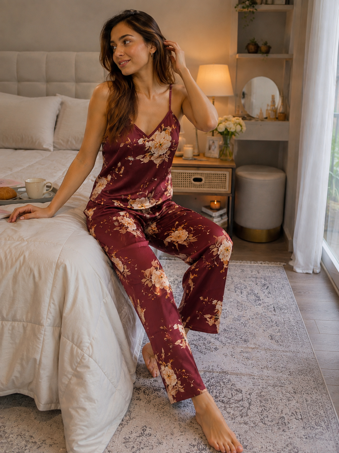 Vintage Floral Satin Lounge Set – Cami Top & Full-Length Pants