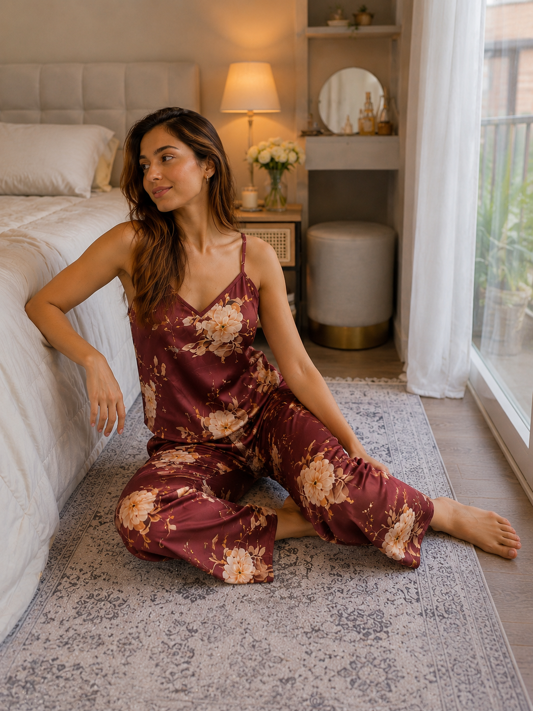 Vintage Floral Satin Lounge Set – Cami Top & Full-Length Pants