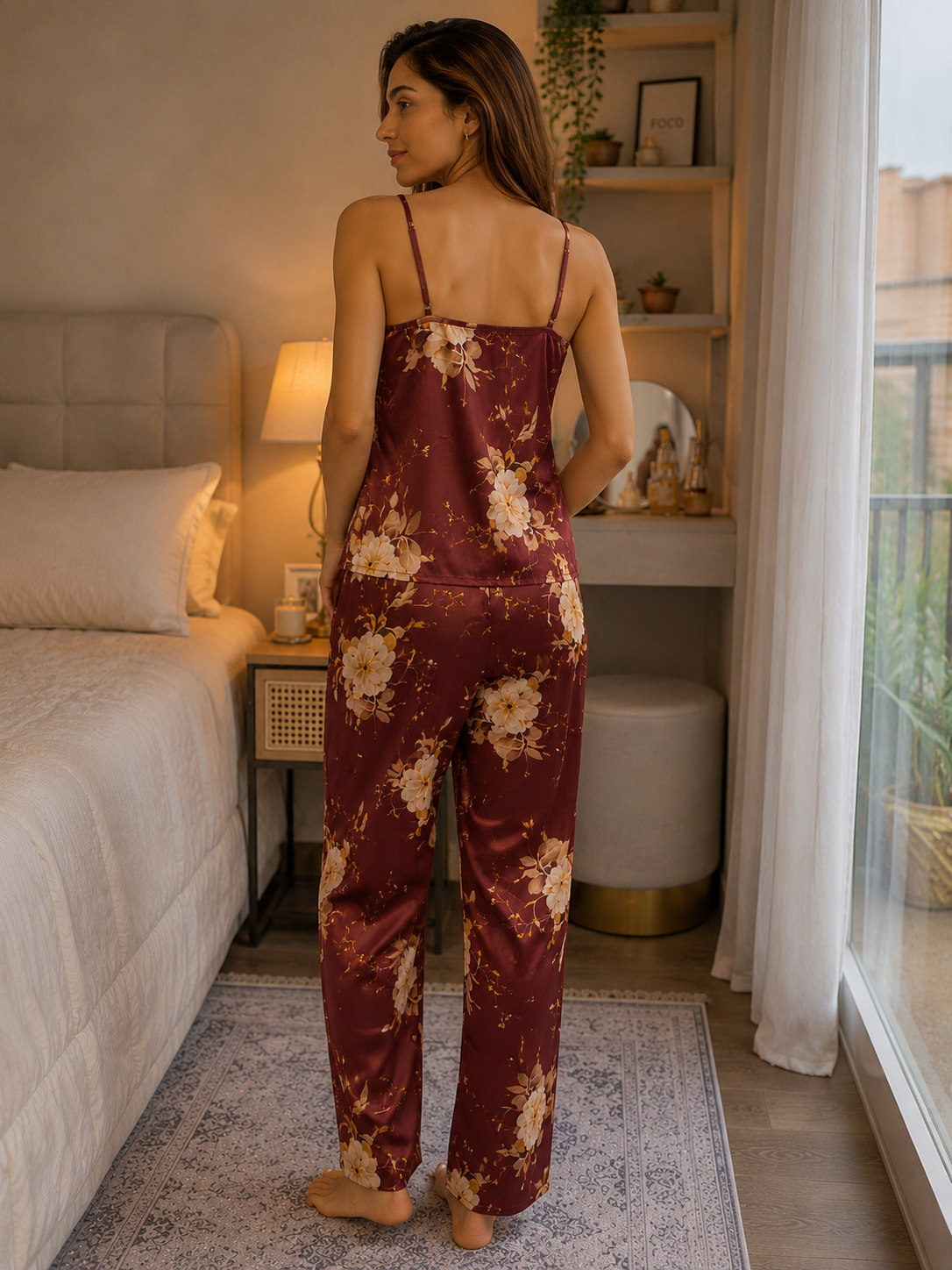 Vintage Floral Satin Lounge Set – Cami Top & Full-Length Pants
