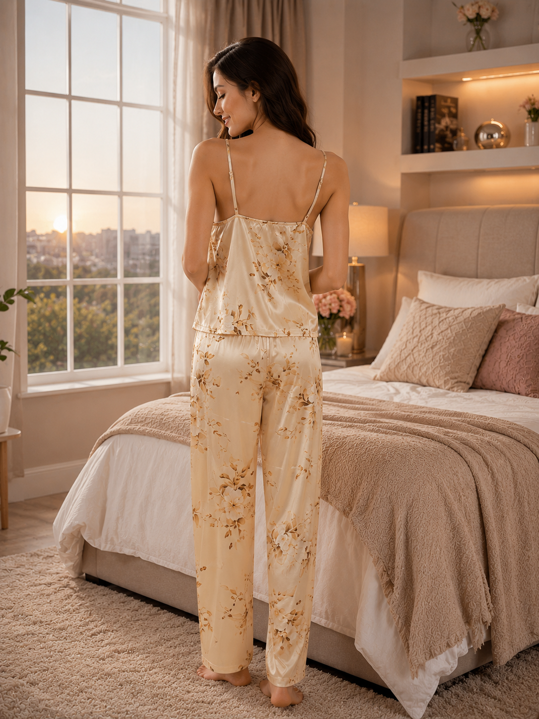 Champagne Bloom Satin Pajama Set – Elegant Floral Sleeveless Loungewear