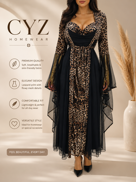 Premium Leopard Print Lounge Dress with Sheer Sleeves