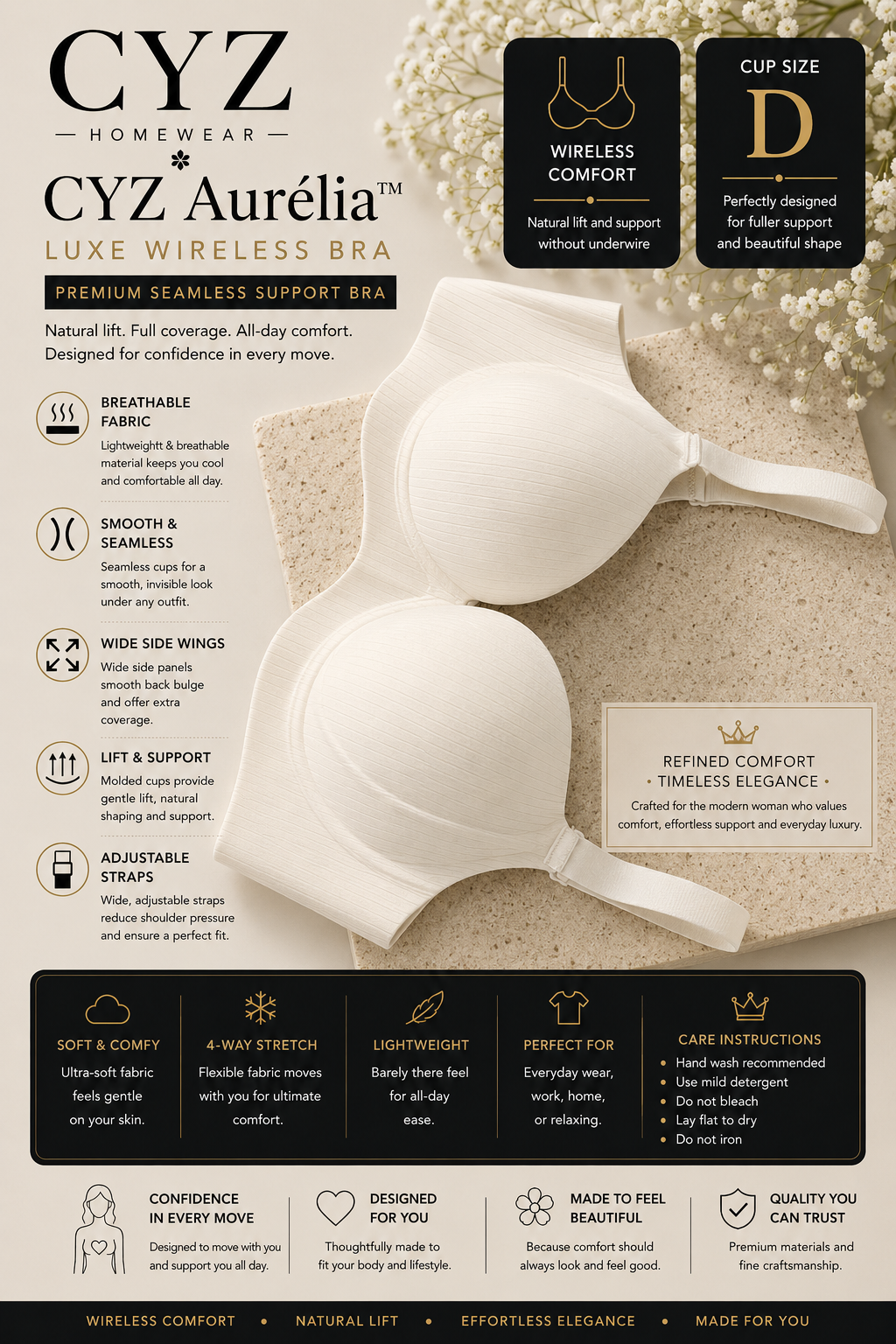 Premium Seamless Support Bra with Natural Lift, Wide Side Coverage & All-Day Comfort
