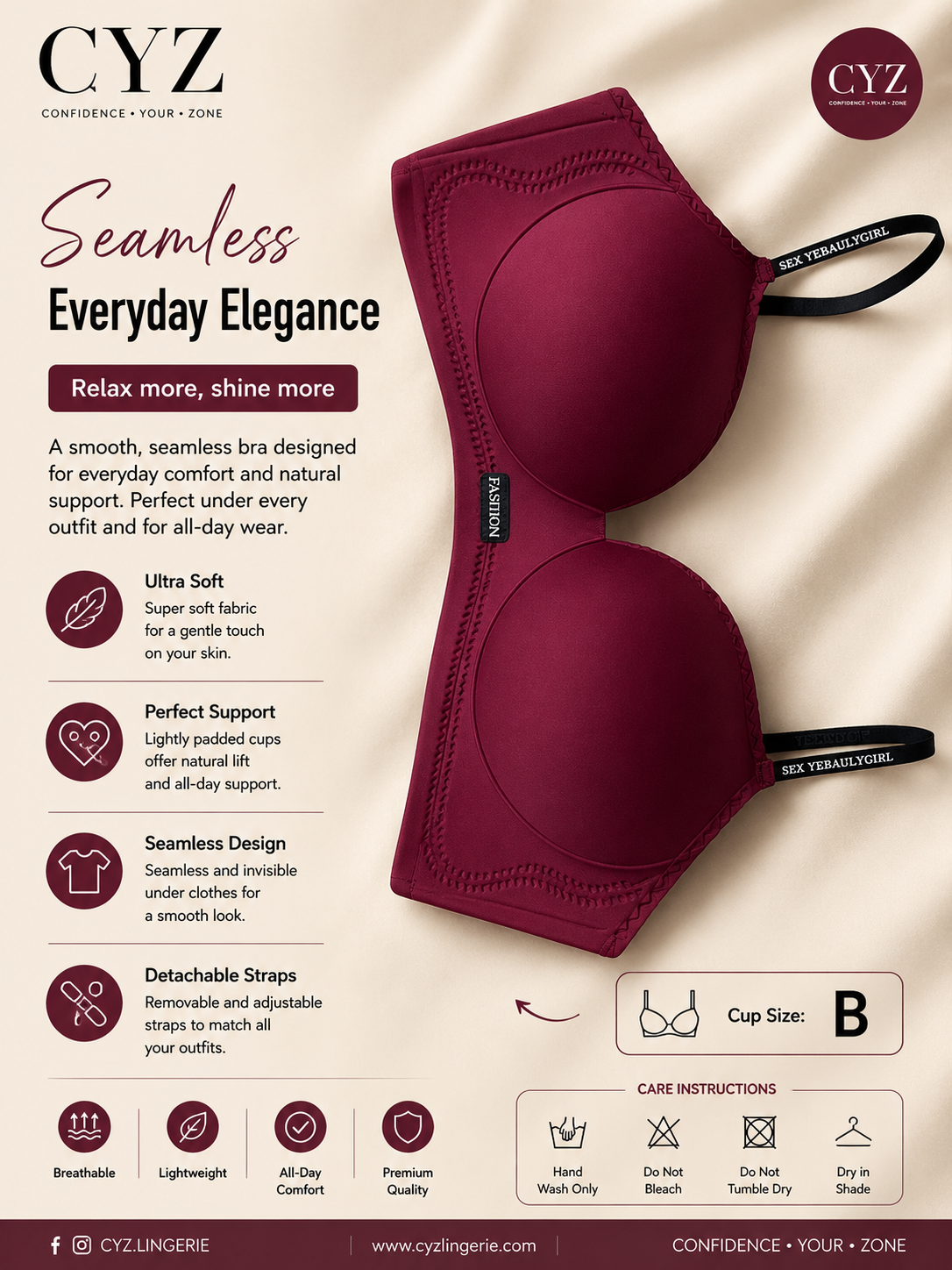 CYZ Seamless Half Push-Up Bra – B Cup Size | Ultra-Soft Wireless Everyday Support Bra for Natural Lift & Invisible Comfort
