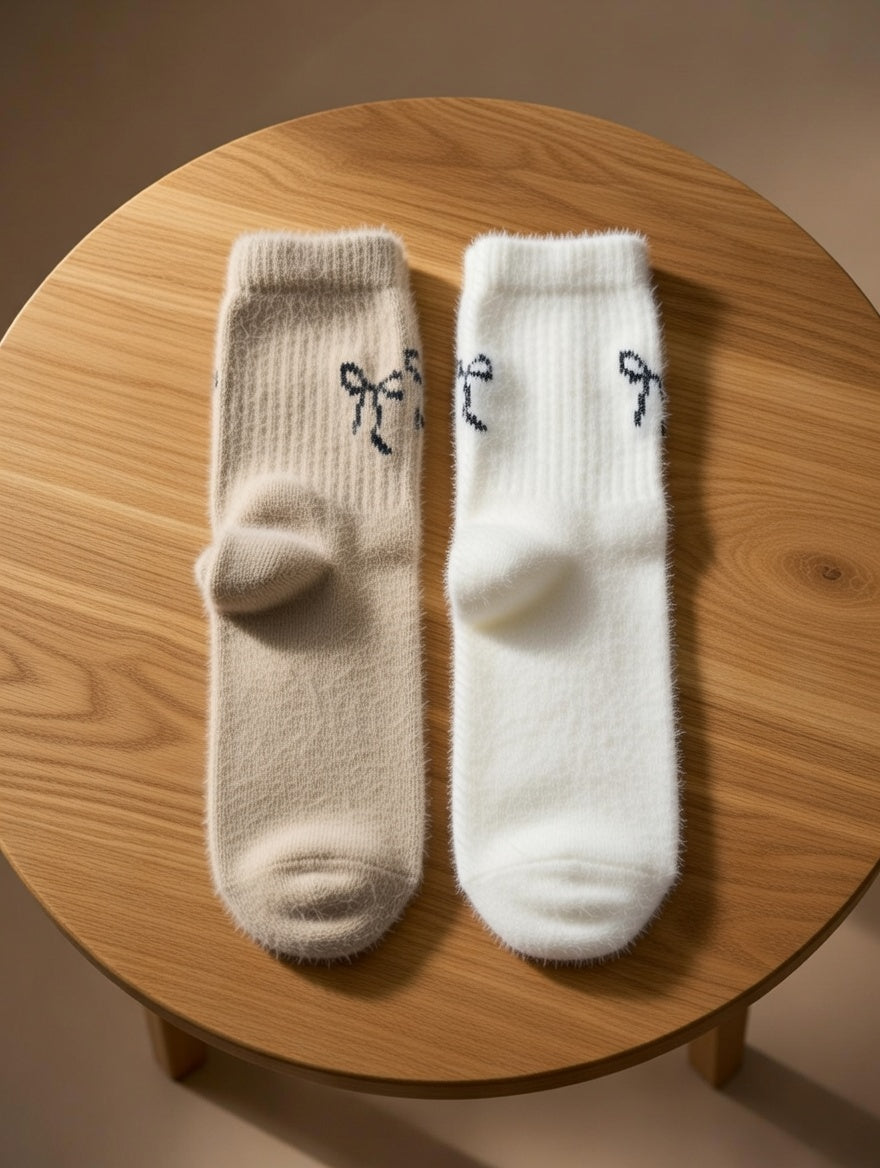 2/4 Pairs White And Brown Fuzzy Crew Socks For Women, Bow Design, Warm & Fluffy, Soft & Comfortable, Suitable For Autumn/Winter, Random Color