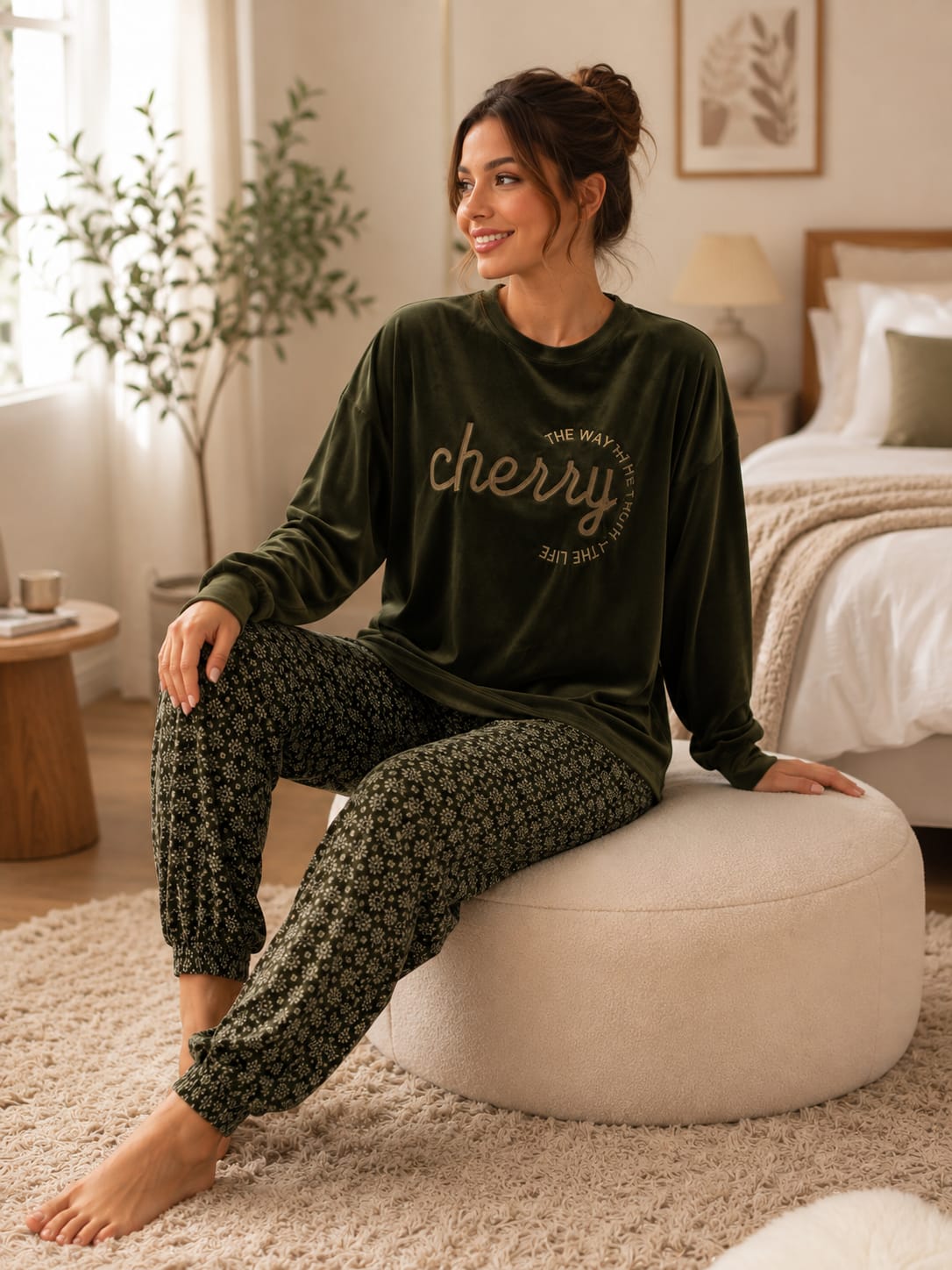 women’s plush velvet pajama set, featuring a long-sleeve top