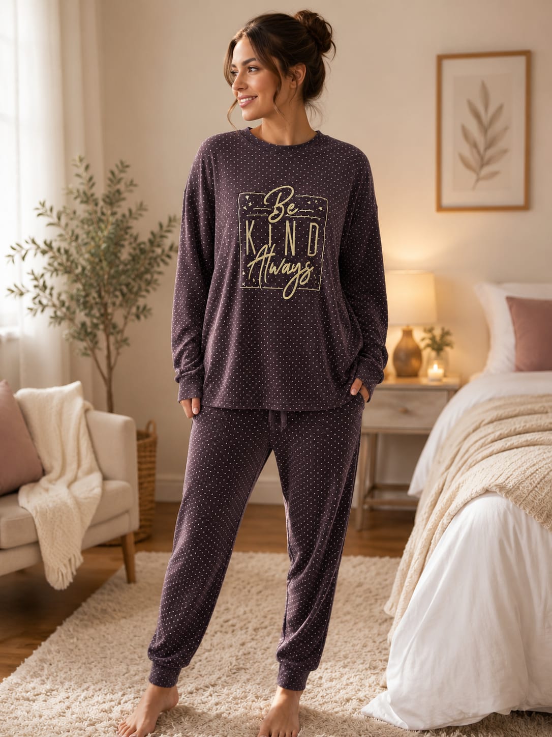 women’s plush velvet pajama set, featuring a long-sleeve top